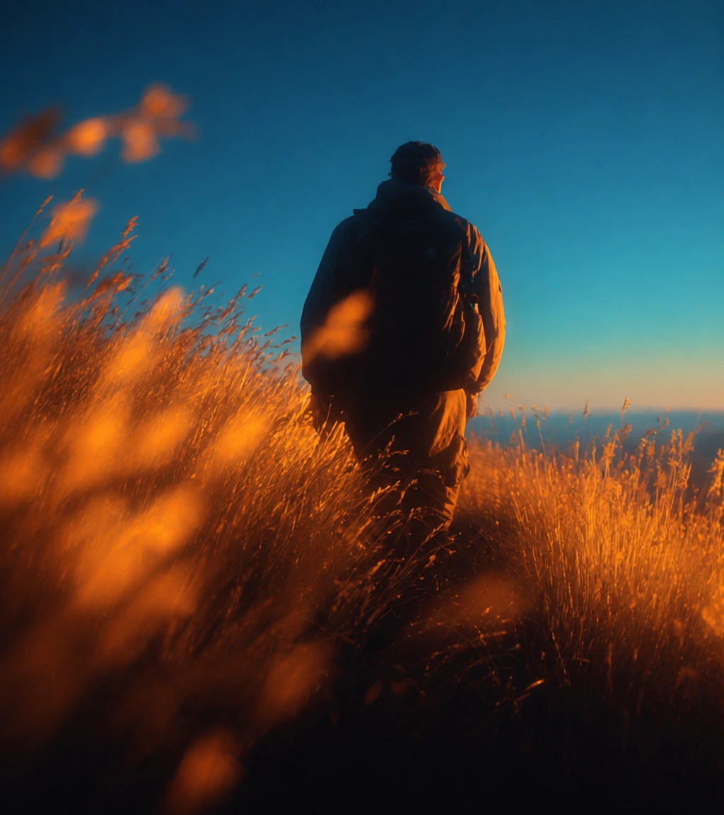 Traveler standing in sunlit grass
